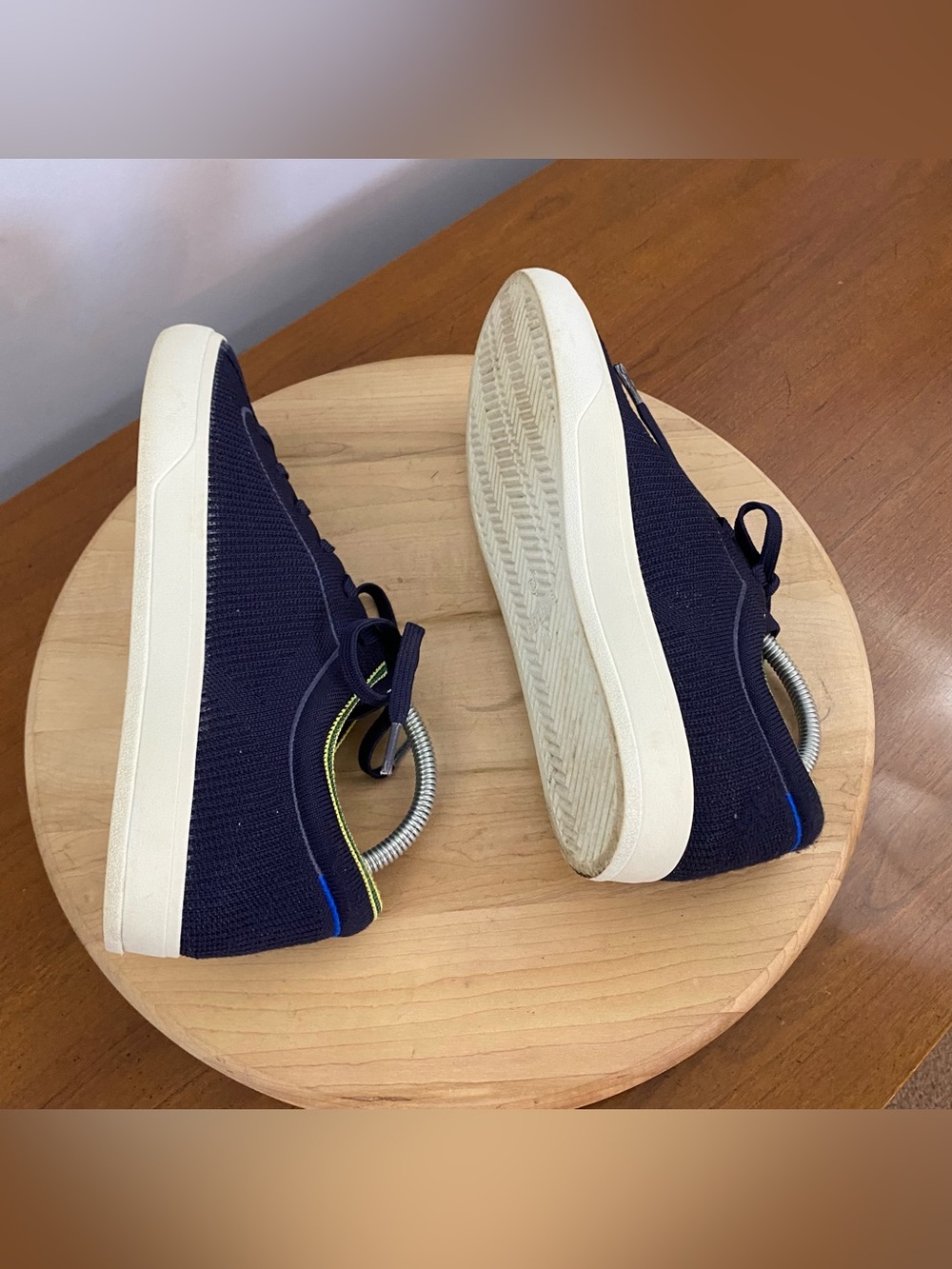 Rothy's The Lace Up Sneakers Navy Blue Yellow Trim Knit Women’s Size 10 Washable - Picture 10 of 16